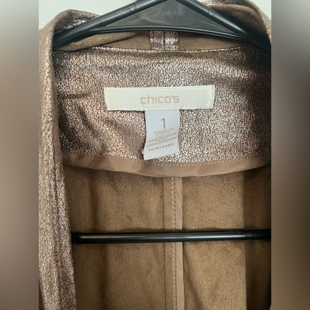 Chico’s Metallic Jacket Size 1 Bronze Shimmer Open Front Blazer Lightweight - Picture 2 of 3